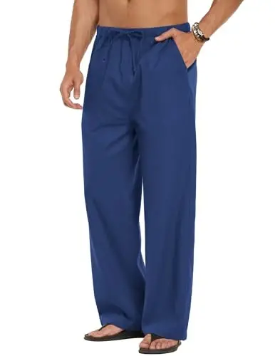 COOFANDY Men Linen Pants Casual Elastic Waist Drawstring Pants Summer Beach | Lightweight Breathable, Cotton Linen Trousers, Loose Fit with Pockets, Wide Leg, Vacation Yoga Lounge Wedding Dress - 5