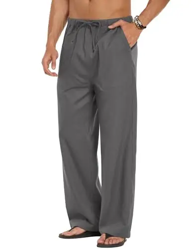 COOFANDY Men Linen Pants Casual Elastic Waist Drawstring Pants Summer Beach | Lightweight Breathable, Cotton Linen Trousers, Loose Fit with Pockets, Wide Leg, Vacation Yoga Lounge Wedding Dress - 3