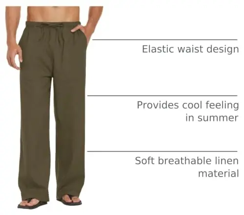 COOFANDY Men Linen Pants Casual Elastic Waist Drawstring Pants Summer Beach | Lightweight Breathable, Cotton Linen Trousers, Loose Fit with Pockets, Wide Leg, Vacation Yoga Lounge Wedding Dress - 1