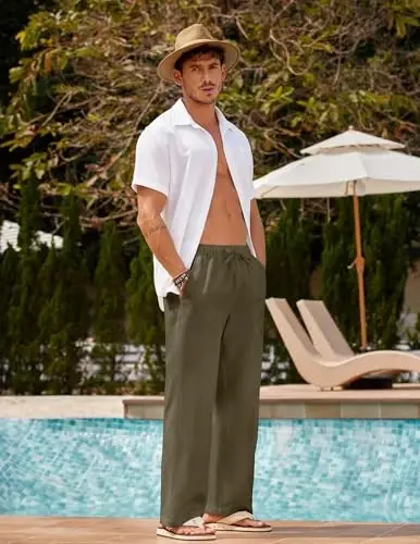 COOFANDY Men Linen Pants Casual Elastic Waist Drawstring Pants Summer Beach | Lightweight Breathable, Cotton Linen Trousers, Loose Fit with Pockets, Wide Leg, Vacation Yoga Lounge Wedding Dress - COOFANDY (1)