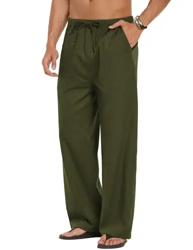 COOFANDY Men Linen Pants Casual Elastic Waist Drawstring Pants Summer Beach | Lightweight Breathable, Cotton Linen Trousers, Loose Fit with Pockets, Wide Leg, Vacation Yoga Lounge Wedding Dress - 3