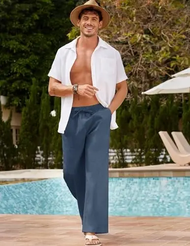 COOFANDY Men Linen Pants Casual Elastic Waist Drawstring Pants Summer Beach | Lightweight Breathable, Cotton Linen Trousers, Loose Fit with Pockets, Wide Leg, Vacation Yoga Lounge Wedding Dress - 1