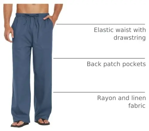 COOFANDY Men Linen Pants Casual Elastic Waist Drawstring Pants Summer Beach | Lightweight Breathable, Cotton Linen Trousers, Loose Fit with Pockets, Wide Leg, Vacation Yoga Lounge Wedding Dress - COOFANDY (1)