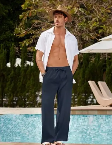 COOFANDY Men Linen Pants Casual Elastic Waist Drawstring Pants Summer Beach | Lightweight Breathable, Cotton Linen Trousers, Loose Fit with Pockets, Wide Leg, Vacation Yoga Lounge Wedding Dress - COOFANDY (1)