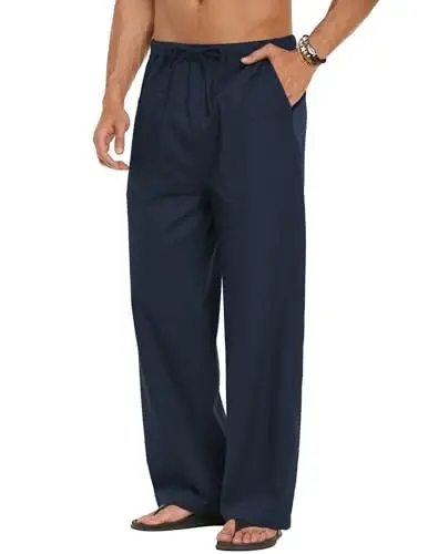 COOFANDY Men Linen Pants Casual Elastic Waist Drawstring Pants Summer Beach | Lightweight Breathable, Cotton Linen Trousers, Loose Fit with Pockets, Wide Leg, Vacation Yoga Lounge Wedding Dress - 3