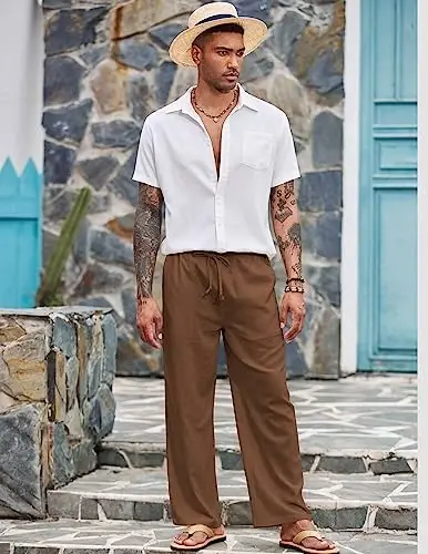 COOFANDY Men Linen Pants Casual Elastic Waist Drawstring Pants Summer Beach | Lightweight Breathable, Cotton Linen Trousers, Loose Fit with Pockets, Wide Leg, Vacation Yoga Lounge Wedding Dress - 1