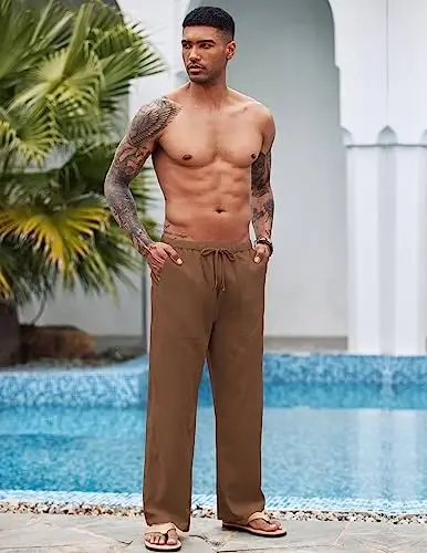 COOFANDY Men Linen Pants Casual Elastic Waist Drawstring Pants Summer Beach | Lightweight Breathable, Cotton Linen Trousers, Loose Fit with Pockets, Wide Leg, Vacation Yoga Lounge Wedding Dress - COOFANDY (1)