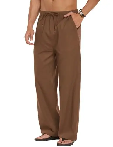 COOFANDY Men Linen Pants Casual Elastic Waist Drawstring Pants Summer Beach | Lightweight Breathable, Cotton Linen Trousers, Loose Fit with Pockets, Wide Leg, Vacation Yoga Lounge Wedding Dress - 3