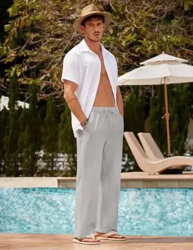 COOFANDY Men Linen Pants Casual Elastic Waist Drawstring Pants Summer Beach | Lightweight Breathable, Cotton Linen Trousers, Loose Fit with Pockets, Wide Leg, Vacation Yoga Lounge Wedding Dress - 1