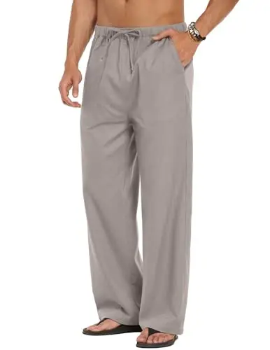 COOFANDY Men Linen Pants Casual Elastic Waist Drawstring Pants Summer Beach | Lightweight Breathable, Cotton Linen Trousers, Loose Fit with Pockets, Wide Leg, Vacation Yoga Lounge Wedding Dress - COOFANDY (1)
