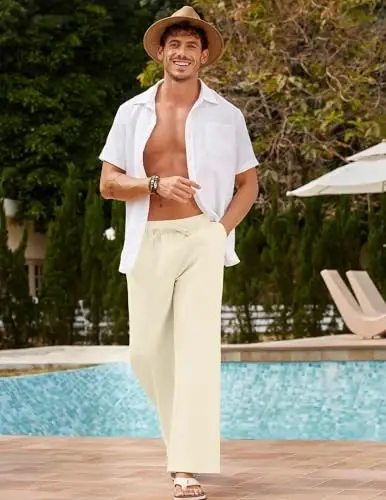 COOFANDY Men Linen Pants Casual Elastic Waist Drawstring Pants Summer Beach | Lightweight Breathable, Cotton Linen Trousers, Loose Fit with Pockets, Wide Leg, Vacation Yoga Lounge Wedding Dress - 1