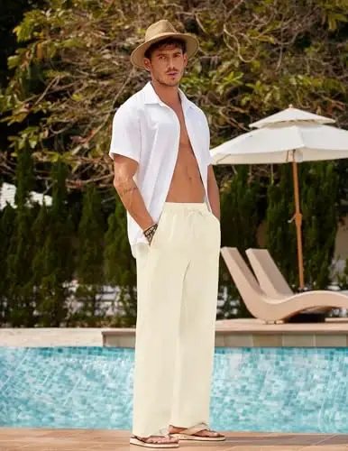 COOFANDY Men Linen Pants Casual Elastic Waist Drawstring Pants Summer Beach | Lightweight Breathable, Cotton Linen Trousers, Loose Fit with Pockets, Wide Leg, Vacation Yoga Lounge Wedding Dress - 2