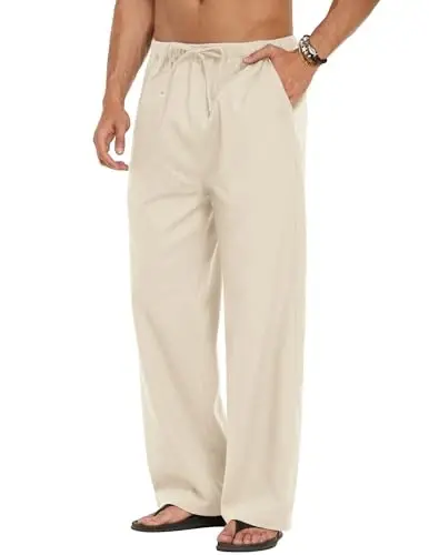 COOFANDY Men Linen Pants Casual Elastic Waist Drawstring Pants Summer Beach | Lightweight Breathable, Cotton Linen Trousers, Loose Fit with Pockets, Wide Leg, Vacation Yoga Lounge Wedding Dress - 3
