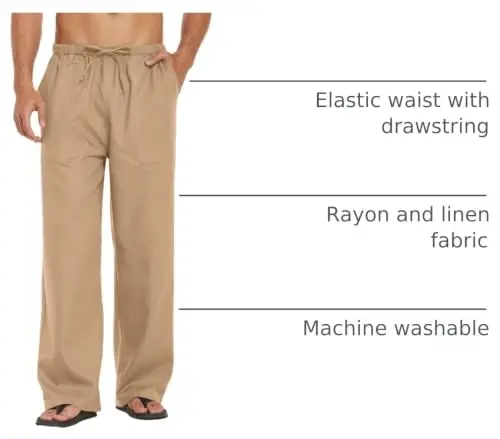 COOFANDY Men Linen Pants Casual Elastic Waist Drawstring Pants Summer Beach | Lightweight Breathable, Cotton Linen Trousers, Loose Fit with Pockets, Wide Leg, Vacation Yoga Lounge Wedding Dress - 1