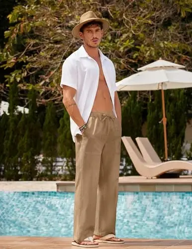 COOFANDY Men Linen Pants Casual Elastic Waist Drawstring Pants Summer Beach | Lightweight Breathable, Cotton Linen Trousers, Loose Fit with Pockets, Wide Leg, Vacation Yoga Lounge Wedding Dress - COOFANDY (1)