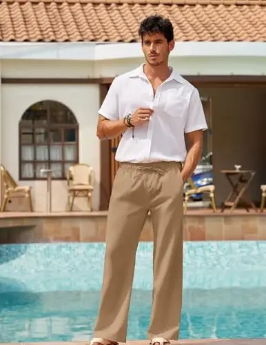COOFANDY Men Linen Pants Casual Elastic Waist Drawstring Pants Summer Beach | Lightweight Breathable, Cotton Linen Trousers, Loose Fit with Pockets, Wide Leg, Vacation Yoga Lounge Wedding Dress - 3