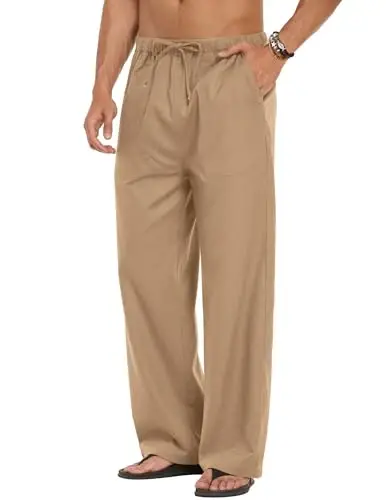 COOFANDY Men Linen Pants Casual Elastic Waist Drawstring Pants Summer Beach | Lightweight Breathable, Cotton Linen Trousers, Loose Fit with Pockets, Wide Leg, Vacation Yoga Lounge Wedding Dress - 4