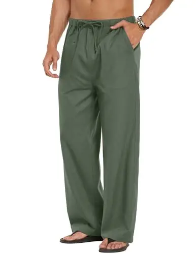 COOFANDY Men Linen Pants Casual Elastic Waist Drawstring Pants Summer Beach | Lightweight Breathable, Cotton Linen Trousers, Loose Fit with Pockets, Wide Leg, Vacation Yoga Lounge Wedding Dress - 1