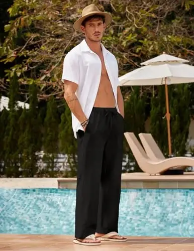 COOFANDY Men Linen Pants Casual Elastic Waist Drawstring Pants Summer Beach | Lightweight Breathable, Cotton Linen Trousers, Loose Fit with Pockets, Wide Leg, Vacation Yoga Lounge Wedding Dress - 2