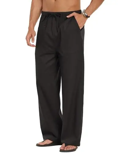 COOFANDY Men Linen Pants Casual Elastic Waist Drawstring Pants Summer Beach | Lightweight Breathable, Cotton Linen Trousers, Loose Fit with Pockets, Wide Leg, Vacation Yoga Lounge Wedding Dress - 4