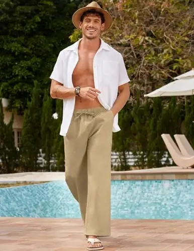 COOFANDY Men Linen Pants Casual Elastic Waist Drawstring Pants Summer Beach | Lightweight Breathable, Cotton Linen Trousers, Loose Fit with Pockets, Wide Leg, Vacation Yoga Lounge Wedding Dress - 1