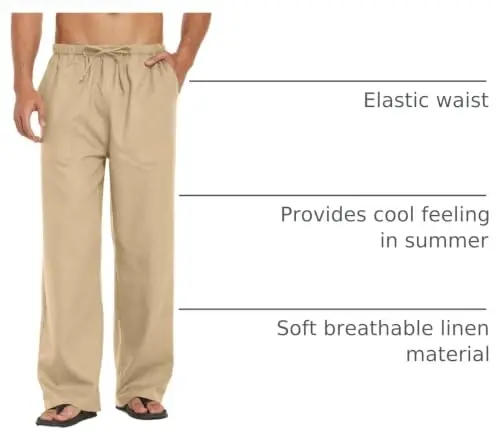COOFANDY Men Linen Pants Casual Elastic Waist Drawstring Pants Summer Beach | Lightweight Breathable, Cotton Linen Trousers, Loose Fit with Pockets, Wide Leg, Vacation Yoga Lounge Wedding Dress - COOFANDY (1)