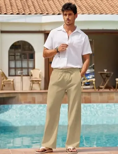 COOFANDY Men Linen Pants Casual Elastic Waist Drawstring Pants Summer Beach | Lightweight Breathable, Cotton Linen Trousers, Loose Fit with Pockets, Wide Leg, Vacation Yoga Lounge Wedding Dress - 3