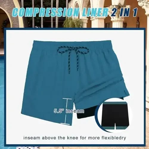 COOFANDY Men Swim Trunk with Compression Liner 2 in 1 Swimwear Bathing Suit Quick Dry Board Short - 2