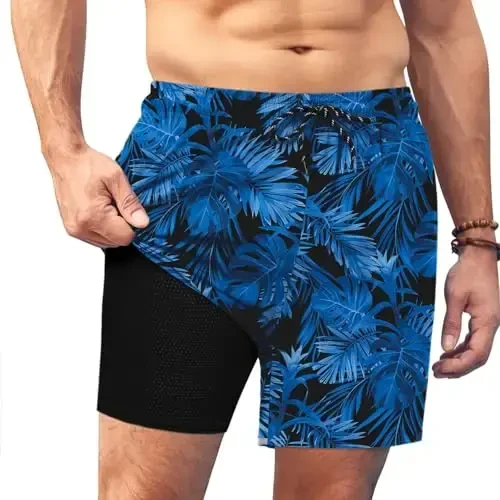 COOFANDY Men Swim Trunk with Compression Liner 2 in 1 Swimwear Bathing Suit Quick Dry Board Short - 1