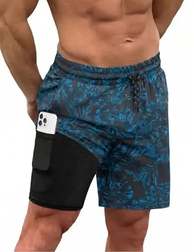 COOFANDY Men Swim Trunk with Compression Liner 2 in 1 Swimwear Bathing Suit Quick Dry Board Short - 1