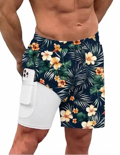 COOFANDY Men Swim Trunk with Compression Liner 2 in 1 Swimwear Bathing Suit Quick Dry Board Short - 1