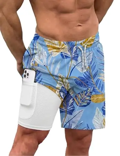 COOFANDY Men Swim Trunk with Compression Liner 2 in 1 Swimwear Bathing Suit Quick Dry Board Short - COOFANDY