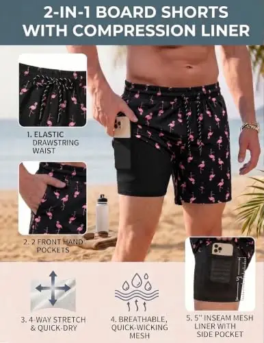 COOFANDY Men Swim Trunk with Compression Liner 2 in 1 Swimwear Bathing Suit Quick Dry Board Short - 5