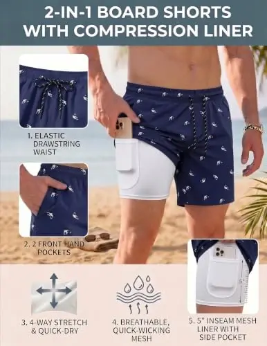 COOFANDY Men Swim Trunk with Compression Liner 2 in 1 Swimwear Bathing Suit Quick Dry Board Short - 5