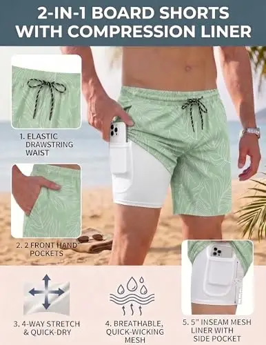 COOFANDY Men Swim Trunk with Compression Liner 2 in 1 Swimwear Bathing Suit Quick Dry Board Short - 5