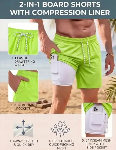 COOFANDY Men Swim Trunk with Compression Liner 2 in 1 Swimwear Bathing Suit Quick Dry Board Short - 5