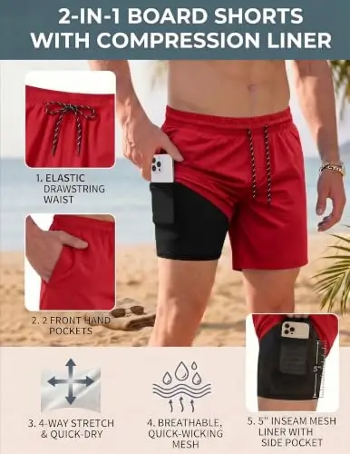 COOFANDY Men Swim Trunk with Compression Liner 2 in 1 Swimwear Bathing Suit Quick Dry Board Short - 5