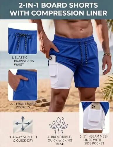 COOFANDY Men Swim Trunk with Compression Liner 2 in 1 Swimwear Bathing Suit Quick Dry Board Short - 5