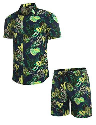 COOFANDY Men's 2 Piece Flower Short Sets Hawaiin Beach Button up Tropical Shirt and Shirts - 2