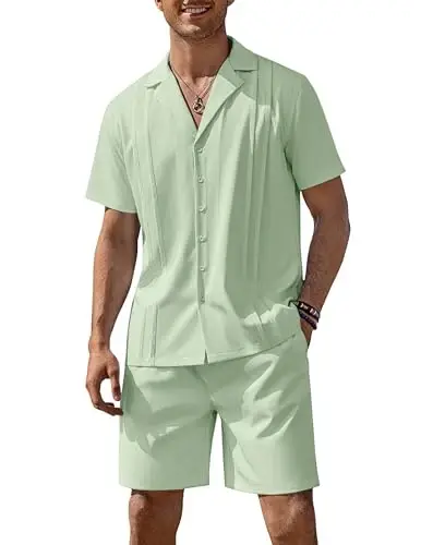 COOFANDY Mens 2 Piece Short Set Guayabera Button Down Shirt Casual Outfits | Shirt and Shorts Sets,Cuban Collar,Lightweight,Breathable and Solf,Casual Shirt,Summer Beach Vacation - 1