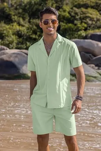 COOFANDY Mens 2 Piece Short Set Guayabera Button Down Shirt Casual Outfits | Shirt and Shorts Sets,Cuban Collar,Lightweight,Breathable and Solf,Casual Shirt,Summer Beach Vacation - COOFANDY (1)