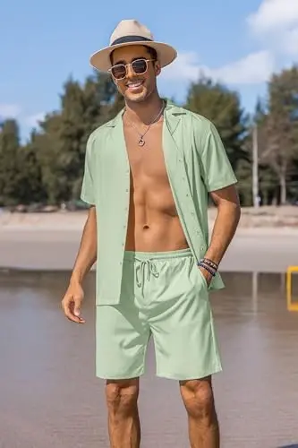 COOFANDY Mens 2 Piece Short Set Guayabera Button Down Shirt Casual Outfits | Shirt and Shorts Sets,Cuban Collar,Lightweight,Breathable and Solf,Casual Shirt,Summer Beach Vacation - 3