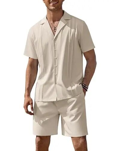 COOFANDY Mens 2 Piece Short Set Guayabera Button Down Shirt Casual Outfits | Shirt and Shorts Sets,Cuban Collar,Lightweight,Breathable and Solf,Casual Shirt,Summer Beach Vacation - 1