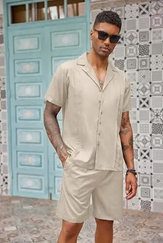 COOFANDY Mens 2 Piece Short Set Guayabera Button Down Shirt Casual Outfits | Shirt and Shorts Sets,Cuban Collar,Lightweight,Breathable and Solf,Casual Shirt,Summer Beach Vacation - 6