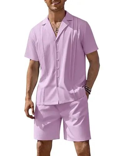 COOFANDY Mens 2 Piece Short Set Guayabera Button Down Shirt Casual Outfits | Shirt and Shorts Sets,Cuban Collar,Lightweight,Breathable and Solf,Casual Shirt,Summer Beach Vacation - COOFANDY