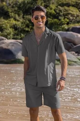 COOFANDY Mens 2 Piece Short Set Guayabera Button Down Shirt Casual Outfits | Shirt and Shorts Sets,Cuban Collar,Lightweight,Breathable and Solf,Casual Shirt,Summer Beach Vacation - 2