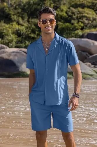 COOFANDY Mens 2 Piece Short Set Guayabera Button Down Shirt Casual Outfits | Shirt and Shorts Sets,Cuban Collar,Lightweight,Breathable and Solf,Casual Shirt,Summer Beach Vacation - COOFANDY (1)