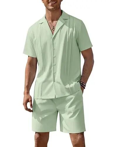 COOFANDY Mens 2 Piece Short Set Guayabera Button Down Shirt Casual Outfits | Shirt and Shorts Sets,Cuban Collar,Lightweight,Breathable and Solf,Casual Shirt,Summer Beach Vacation - COOFANDY