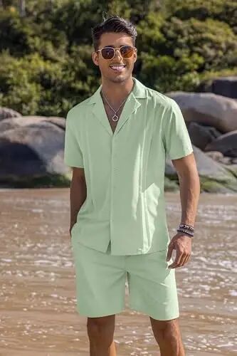 COOFANDY Mens 2 Piece Short Set Guayabera Button Down Shirt Casual Outfits | Shirt and Shorts Sets,Cuban Collar,Lightweight,Breathable and Solf,Casual Shirt,Summer Beach Vacation - COOFANDY (1)