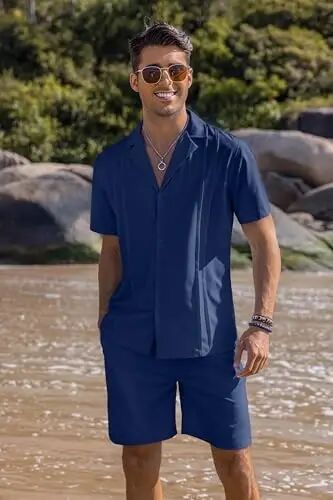 COOFANDY Mens 2 Piece Short Set Guayabera Button Down Shirt Casual Outfits | Shirt and Shorts Sets,Cuban Collar,Lightweight,Breathable and Solf,Casual Shirt,Summer Beach Vacation - COOFANDY (1)